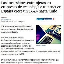 Las inversiones extranjeras en empresas de tecnologa e Internet en Espaa crece un 3,64% hasta junio